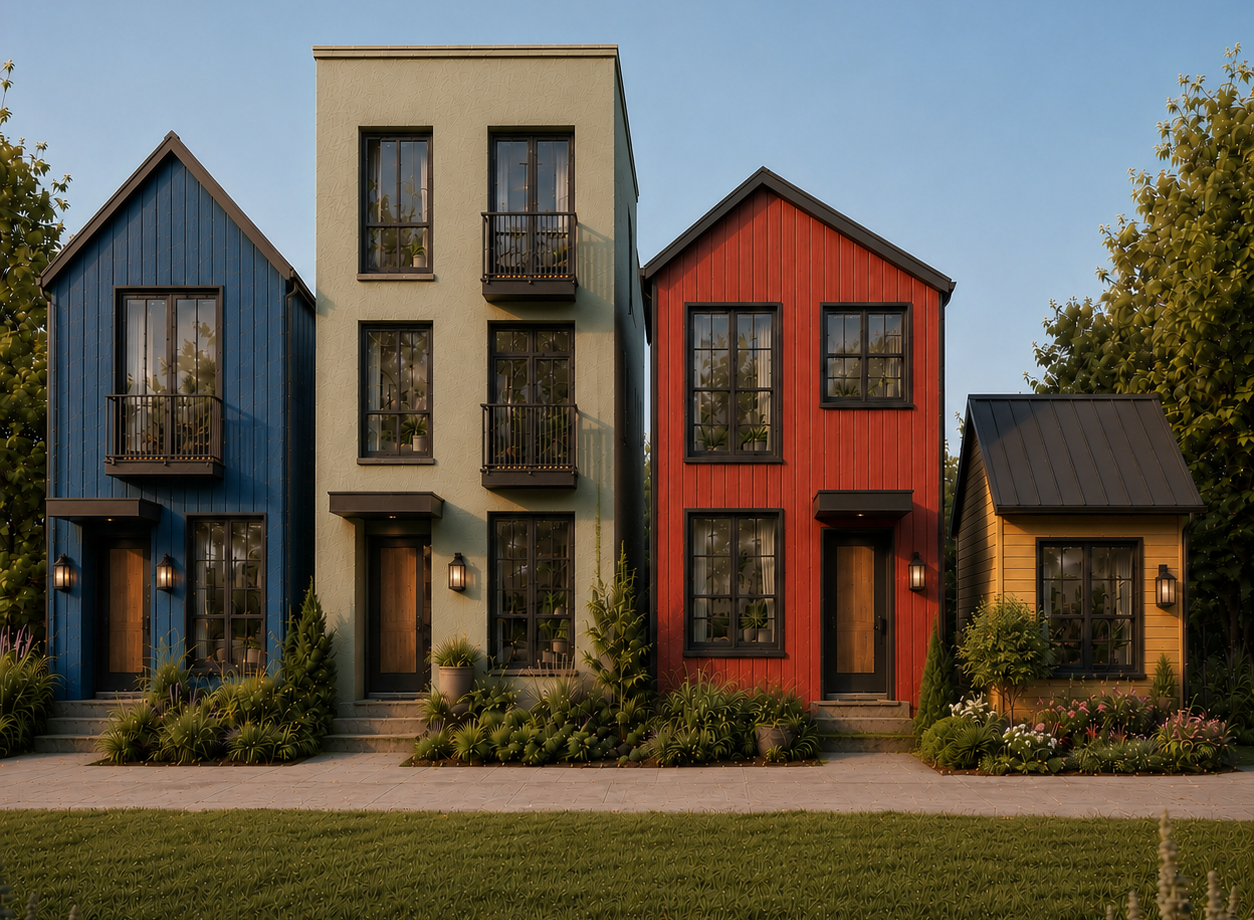 A row of four attached townhomes in blue, green, terracotta, and gold, matching the Plattful brand colors.