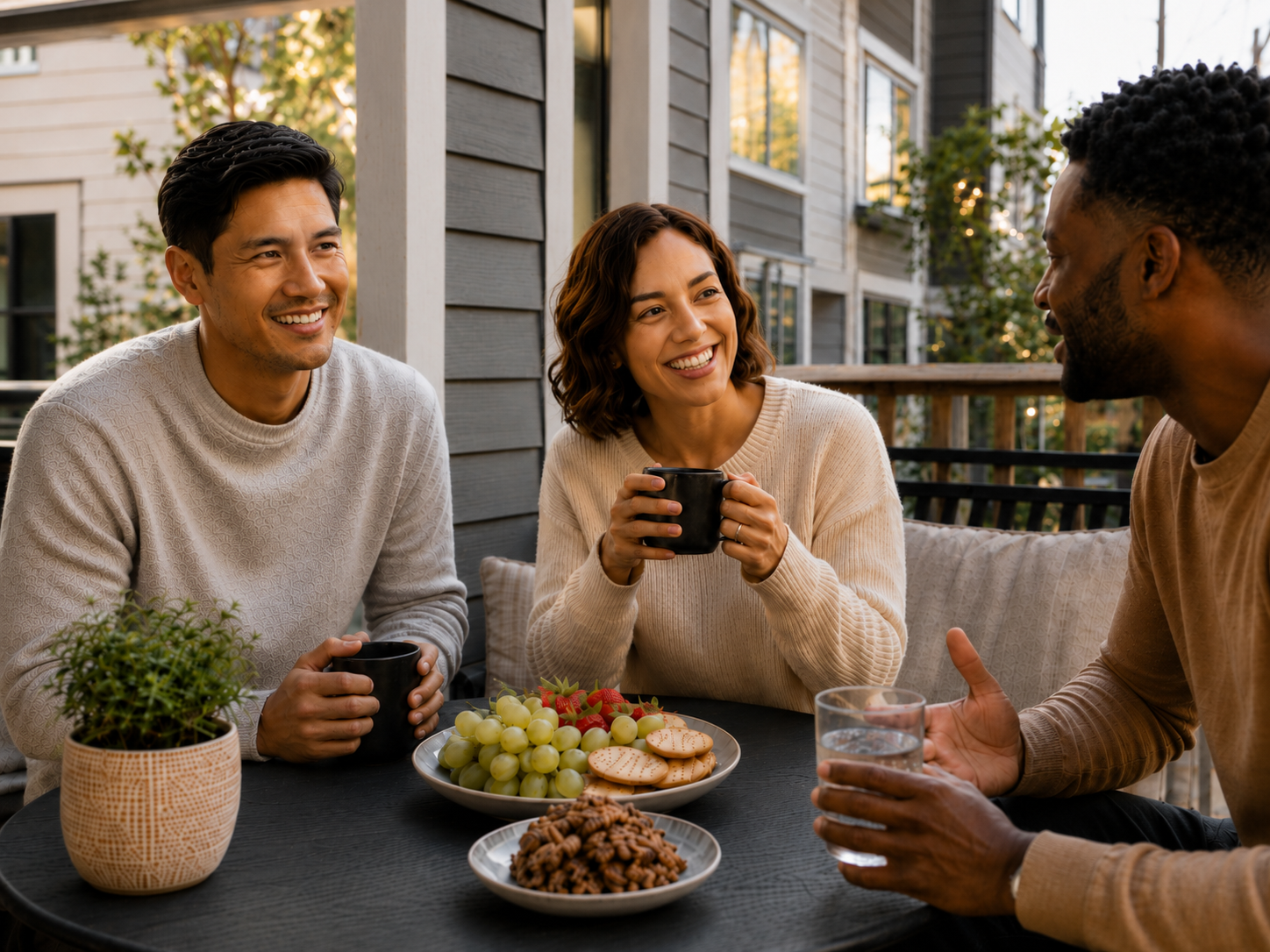 Three neighbors laughing and sharing coffee together on a shared deck.